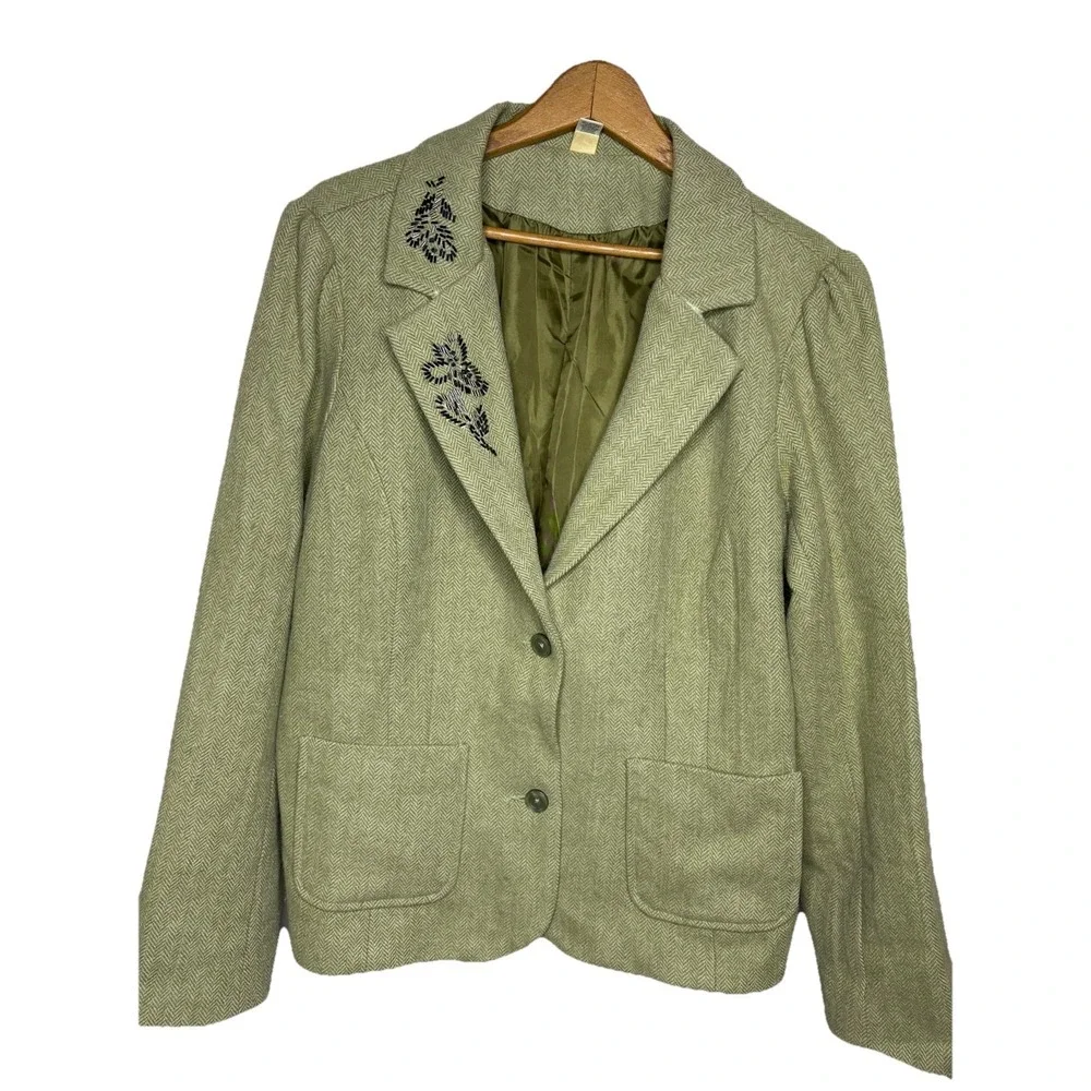 VTG Old Navy Womens Size XXL Beaded Herringbone Wool Blend Jacket Tweed Olive - Picture 2 of 10